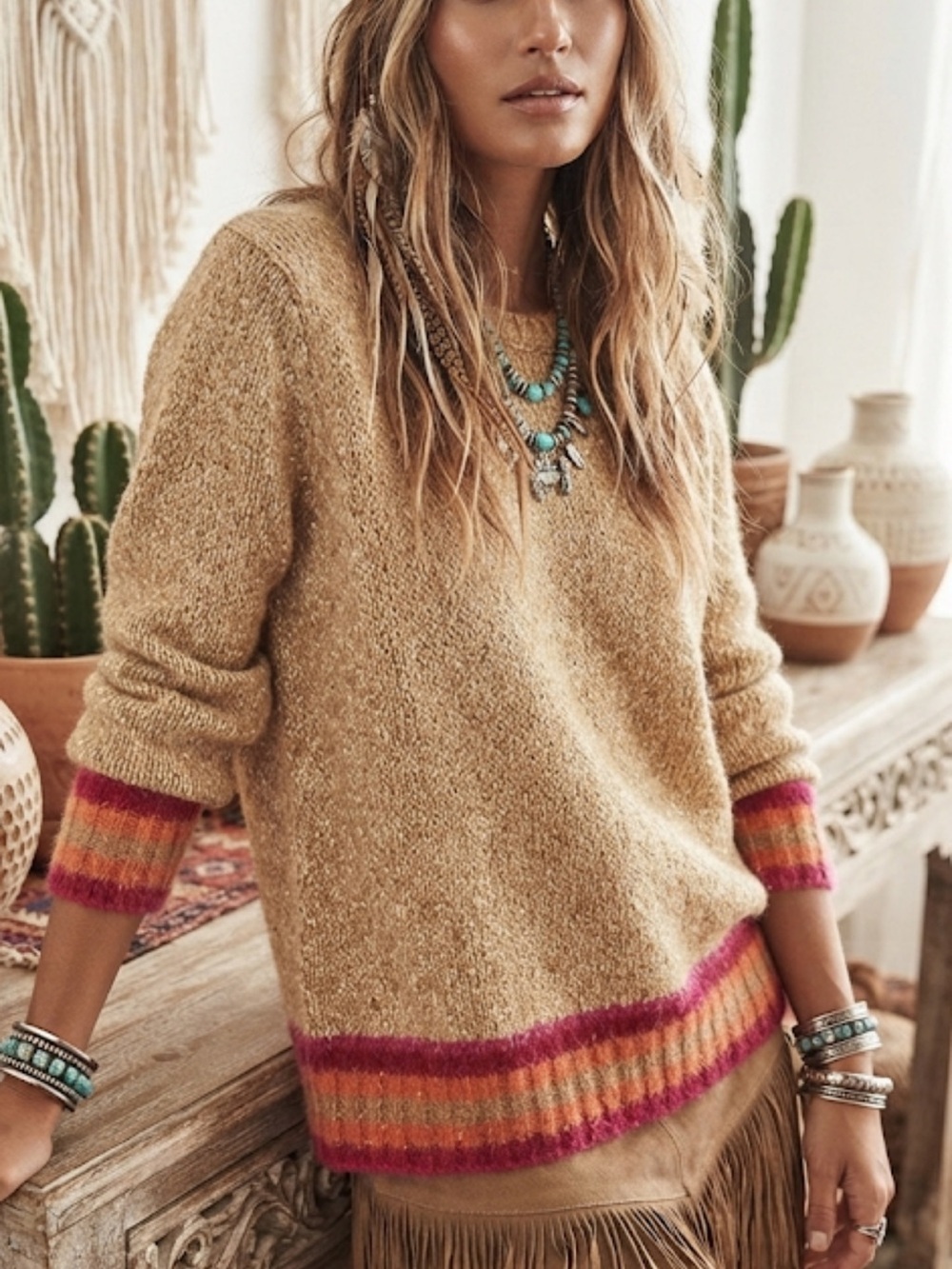 Gap Brown Knit Sweater with Multicolored Ribbed Hem small